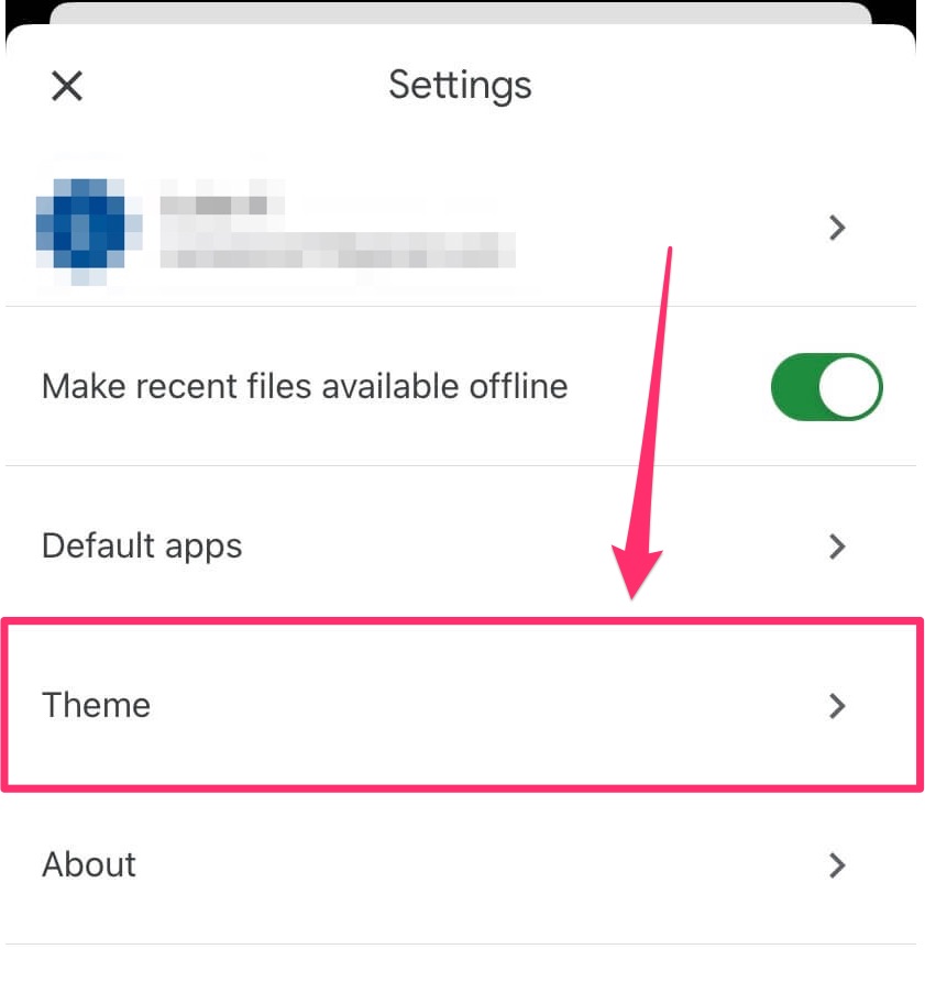 Screenshot showing Settings options and highlighting the "Theme" choice