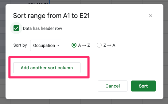 The screenshot shows add another sort column button location which is placed below the sort by option