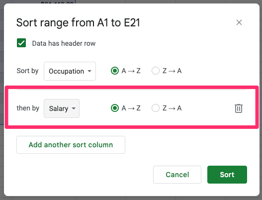 The screenshot shows another row for sorting a range