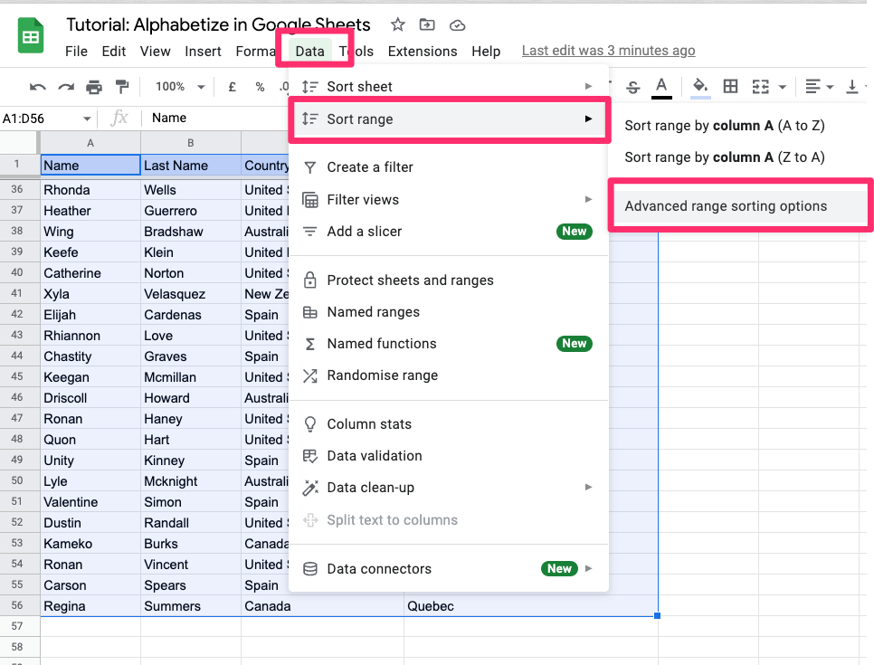 The screenshot shows how to reach Advanced range sorting options through the Options Menu