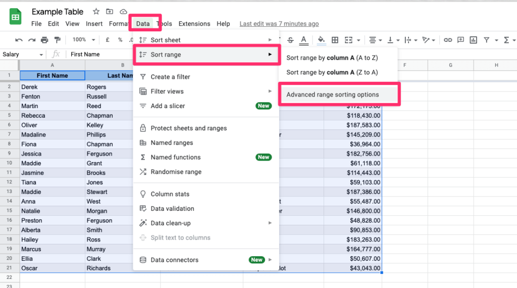 The screenshot shows how to reach Advanced range sorting options from the options menu