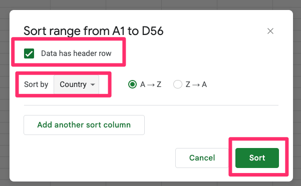 The screenshot shows advanced range sorting options popup and highlights two elements: data has a header row that has to be ticked off and sort by needs to be set to "Country"