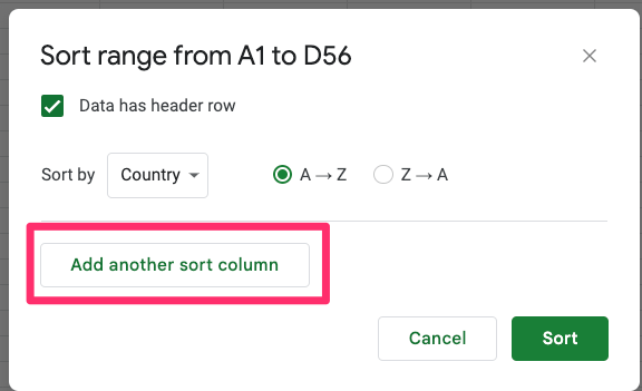 The screenshot shows an advanced range sorting options popup and a place where the Add another sort column button is located