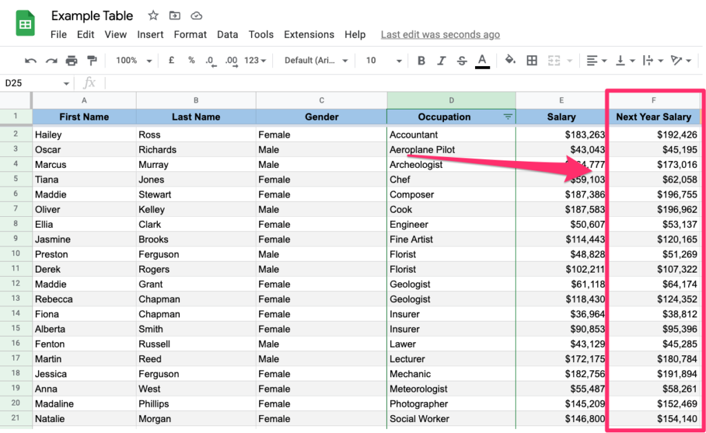 Next year's salary column is filled up with new values (old salary increased by 5%)