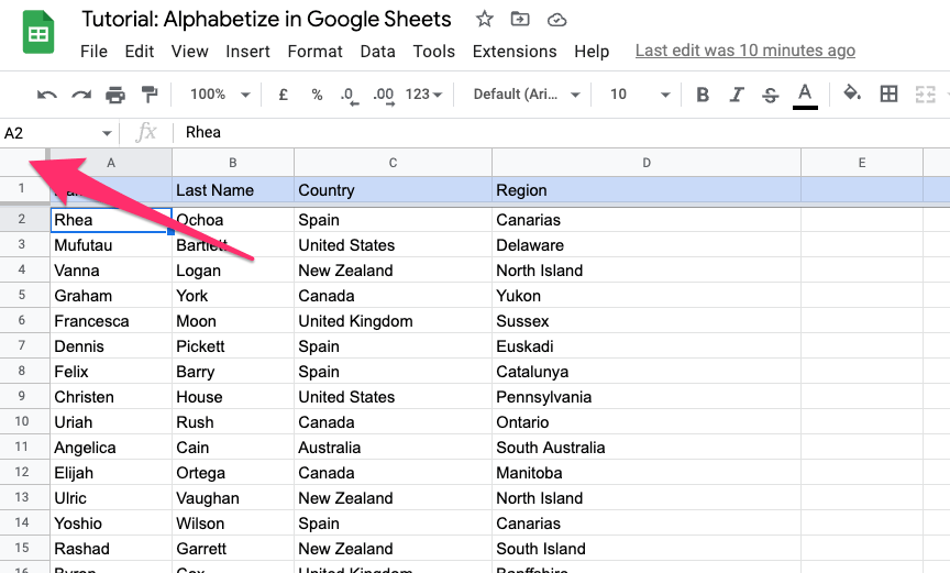 The screenshot shows where to click to select all cells in the google doc