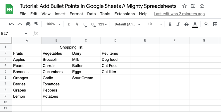 The screenshot shows our exercise sheet where we have a shopping list divided into 4 categories: fruits, vegetables, dairy and pet items. We will be converting all of those lists to bullet points later on