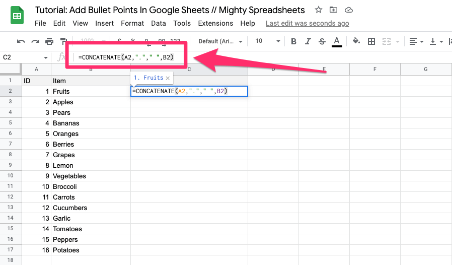 The screenshot shows where and how to use CONCATENATE function in Google Sheets