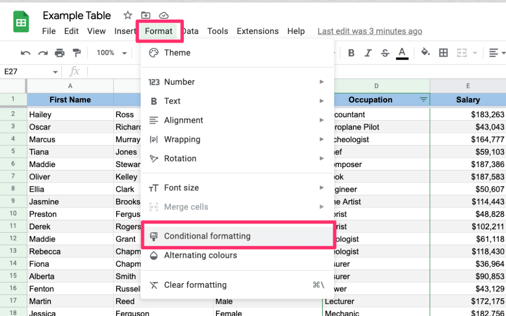 Screenshot shows how to access conditional formatting options from the Options menu