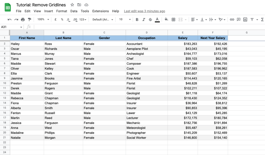 The screenshot shows the beginning of the exercise where we have a data table and gridlines