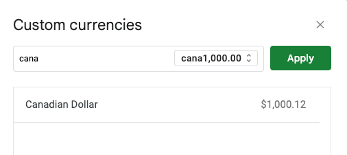 The screenshot shows how to change the default currency to a custom one. Canadian dollar in this example