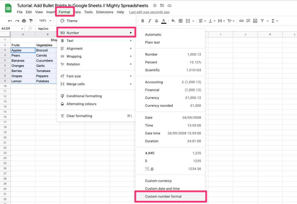 The screenshot shows how to access 'custom number format' from the options menu