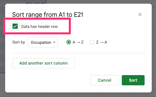 The screenshot shows where to find Data has a header row checkbox which is placed directly under the title