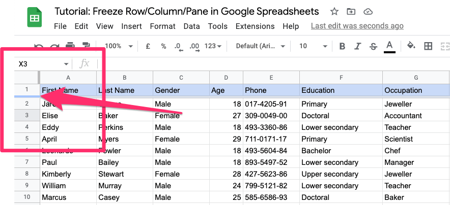 The screenshot shows the bottom line moved behind 1st row to make the first row of the spreadsheet sticky