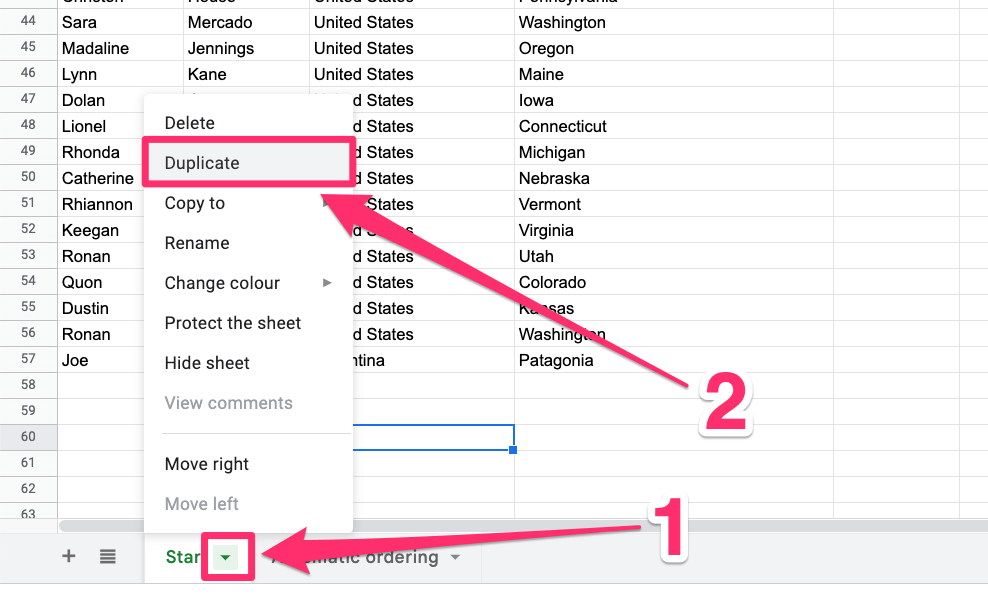 The screenshot shows how to quickly duplicate the worksheet