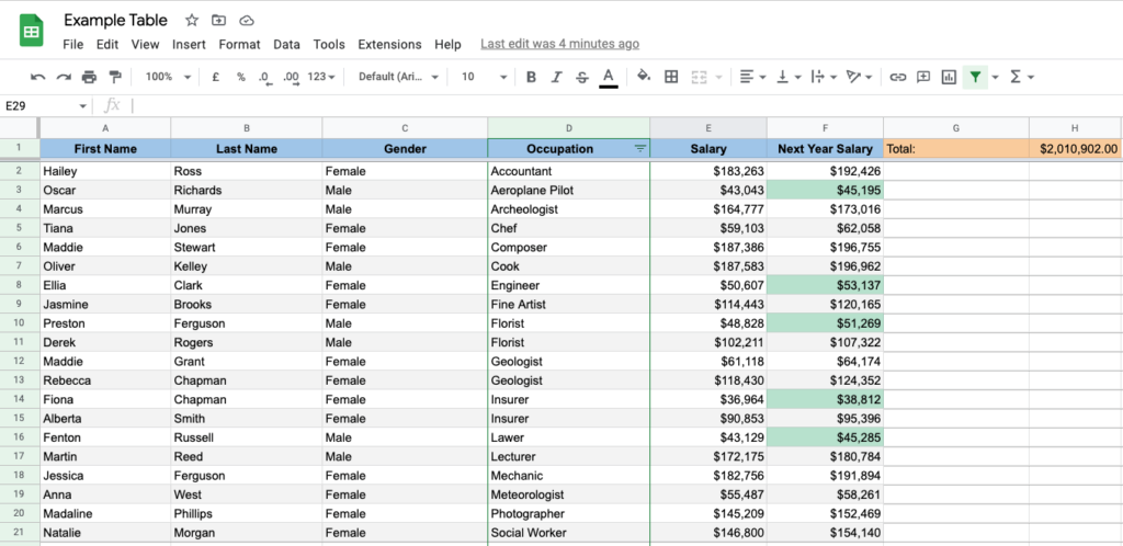 The screenshot shows exactly the same data that was mentioned in previous images but is nicely styled, and contains filters and total sum row