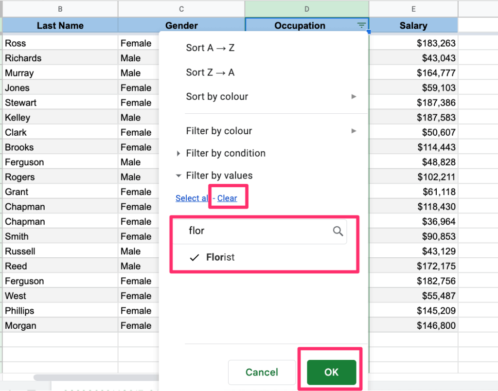 The screenshot shows how to filter column data with custom search string