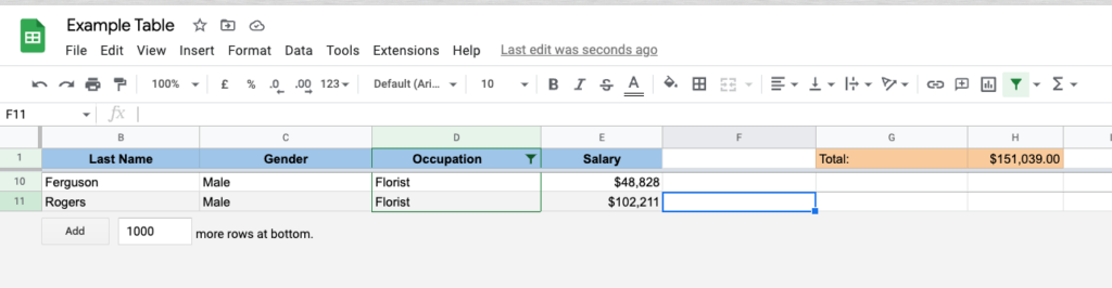 Filtered table results that consist only of people who are hired as florists