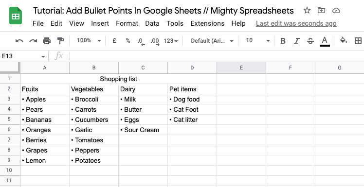 The screenshot shows the final step of adding bullet points to our worksheet