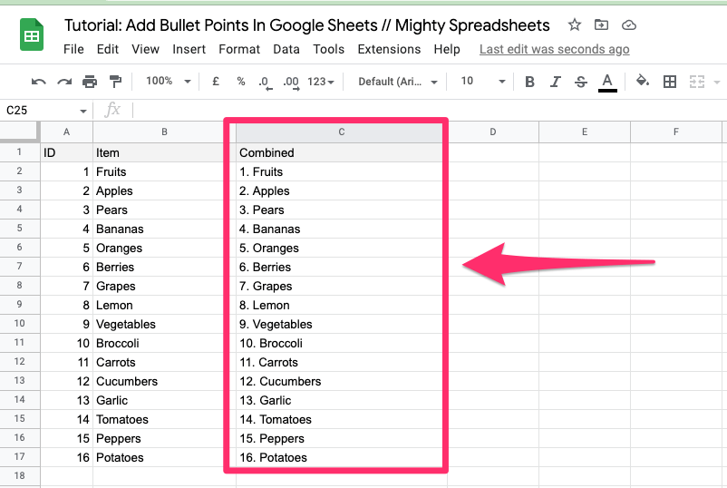 The screenshot shows the final version of our files - numbered list created with use of SEQUENCE and CONCATENATE functions