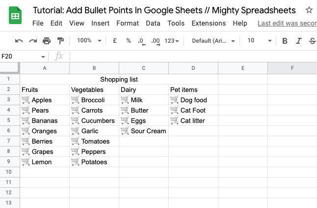 The screenshot shows the final step of adding bullet points to our worksheet but with emojis instead of regular bullets