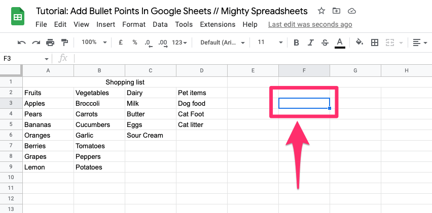 The screenshot shows a focus on F3 cell where we are going to add our altered list