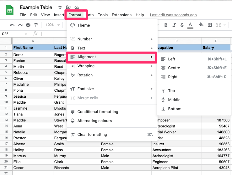 The screenshot shows how to access Alignment settings from the Options Menu