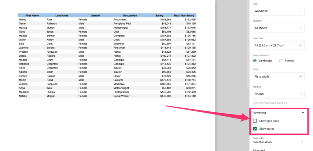 The screenshot shows where to find formatting options in the print preview. Arrow is pointing to the bottom right corner where the setting is availalbe