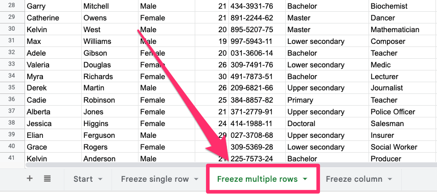 The screenshot shows where the 'freeze multiple rows' worksheet is located. It's the 3rd one from left