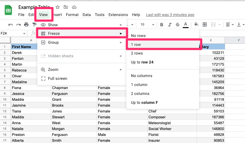 Screenshot shows where to find an option to freeze the row in Options Menu