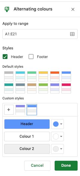Screenshot shows all predefined variations for styling a table in Google Sheets