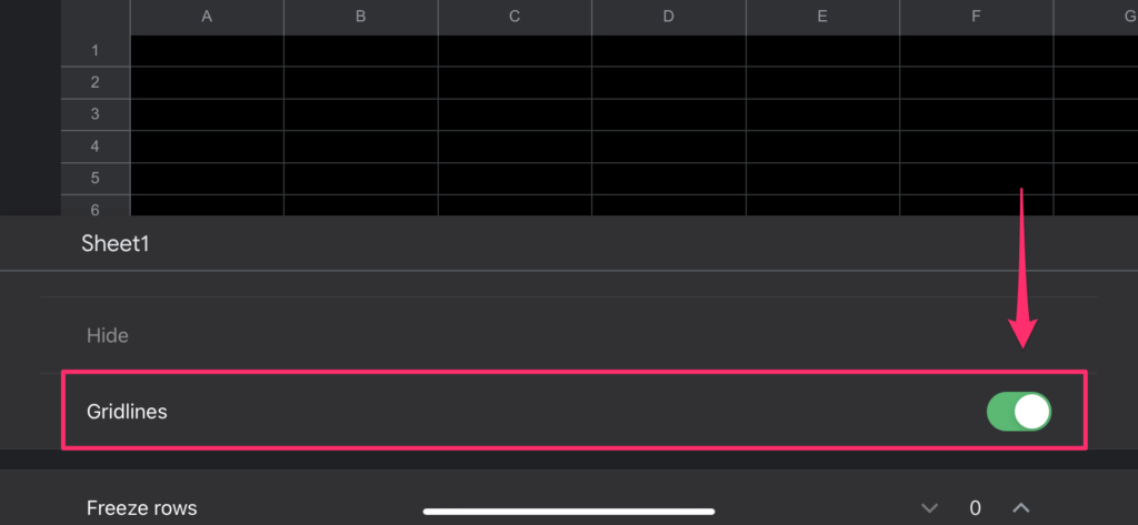 The screenshot shows where the gridlines toggle is located in the google sheets mobile app