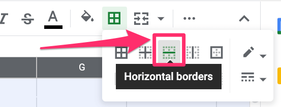 The screenshot shows where to locate the 'horizontal borders' setting. It's the 3rd icon from the left in the top row of options