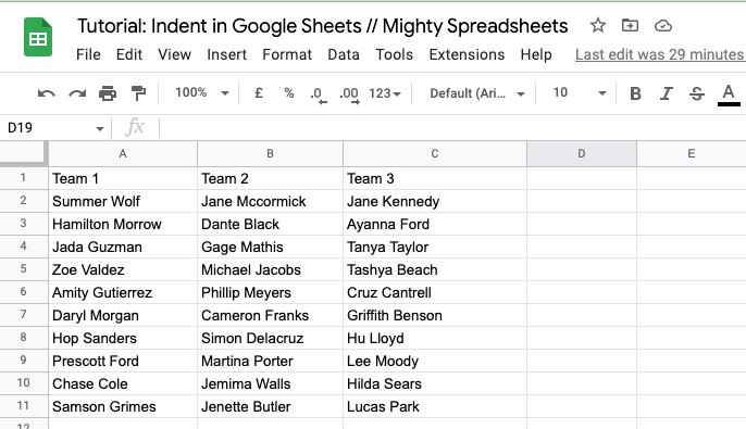 A preview of the exercise spreadsheet where we have 3 columns with made-up "teams" and the names of people belonging to those teams