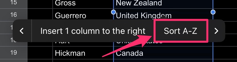 The screenshot shows the Sort A-Z option in the contextual menu in Google sheets mobile app