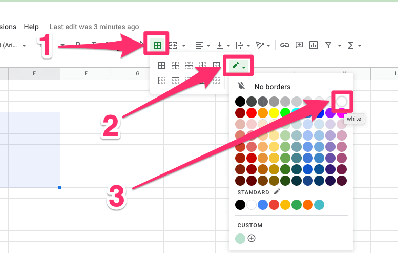 The screenshot shows how to change the color of gridlines in Google Sheets. First, you need to click on the 'Borders' icon, then on a green pencil icon on the right side of the popupbox and pick the white color from the color palette