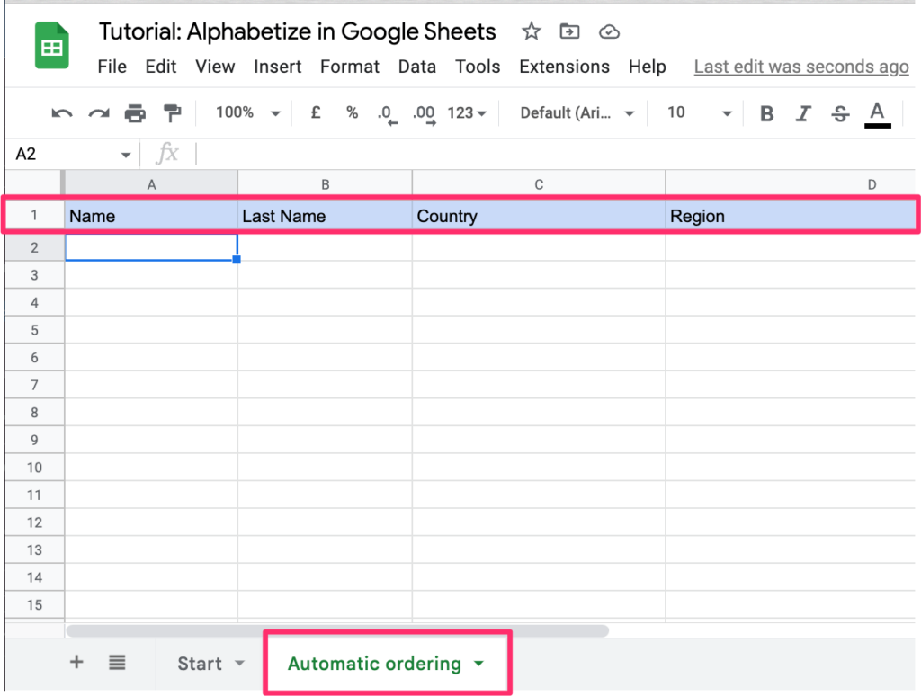 The screenshot shows a new worksheet that only has table headings: name, last name, country, region