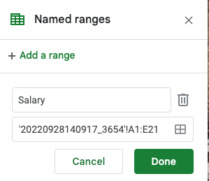 The screenshot shows a field where name for the named range can be provided