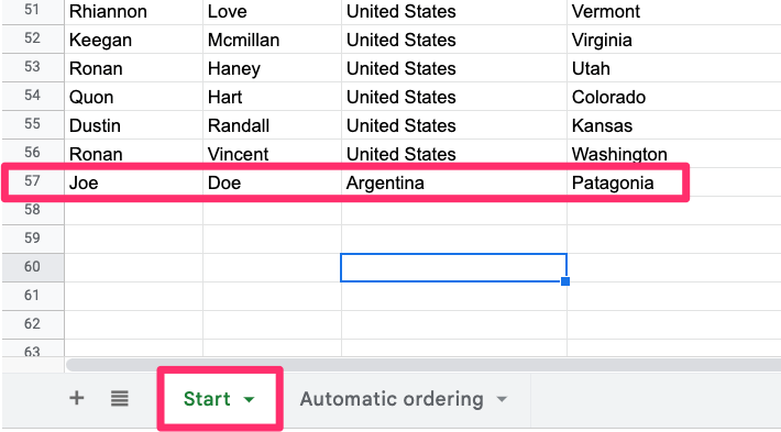 The screenshot shows a new entry added to the end of the 'Start' worksheet. The value of the new entry is Joe Doe from Patagonia in Argentina