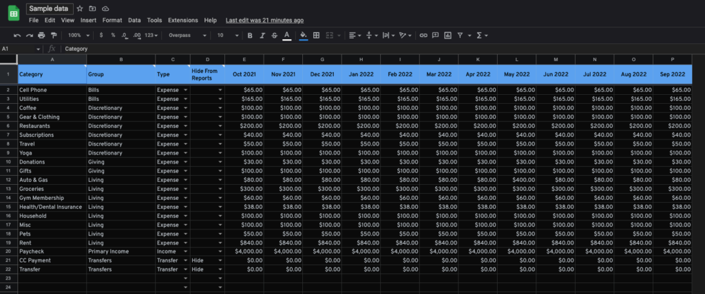 A screenshot showing how Night Eye chrome extension changes Google Sheets layout to dark mode