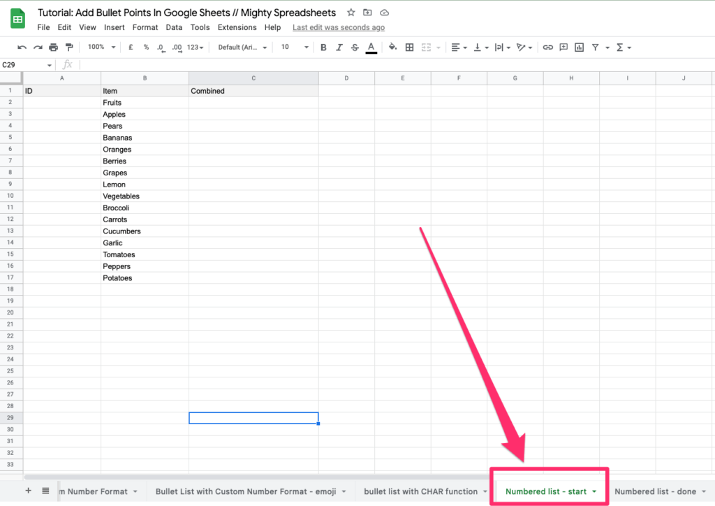 The screenshot shows where to access the 'numbered list - start' worksheet. It is 5th worksheet from the left