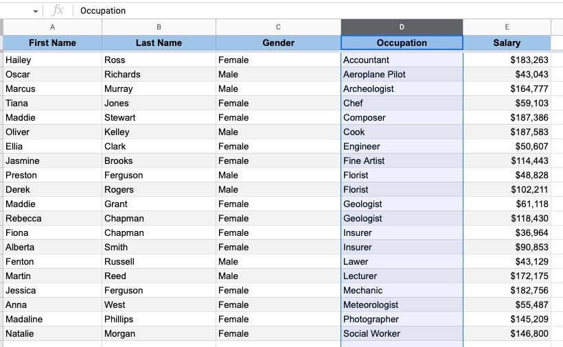 The screenshot shows highlighted "Occupation" table