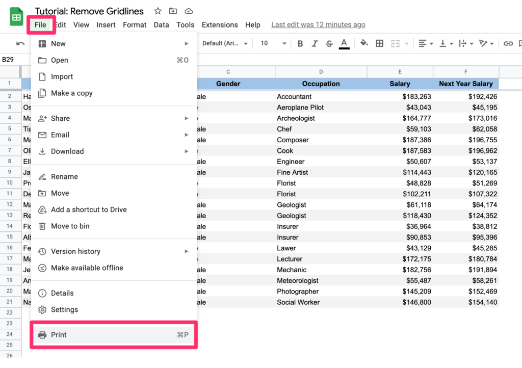 The screenshot shows how to access printing settings from the Options Menu