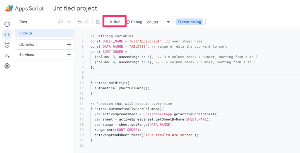 The screenshot shows where to find the Run button in the Apps scripts options menu