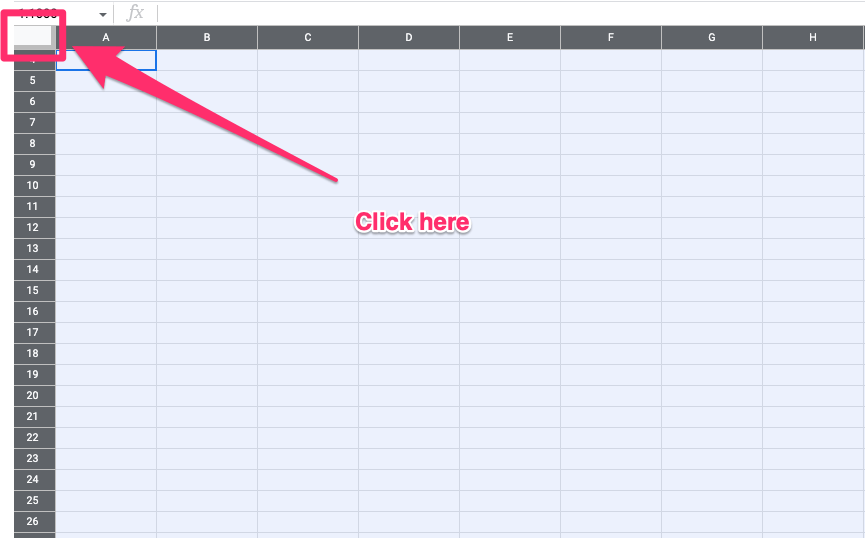 The screenshot shows how to select all available cells with a single click on a small grey box that is located in the upper left corner of the worksheet