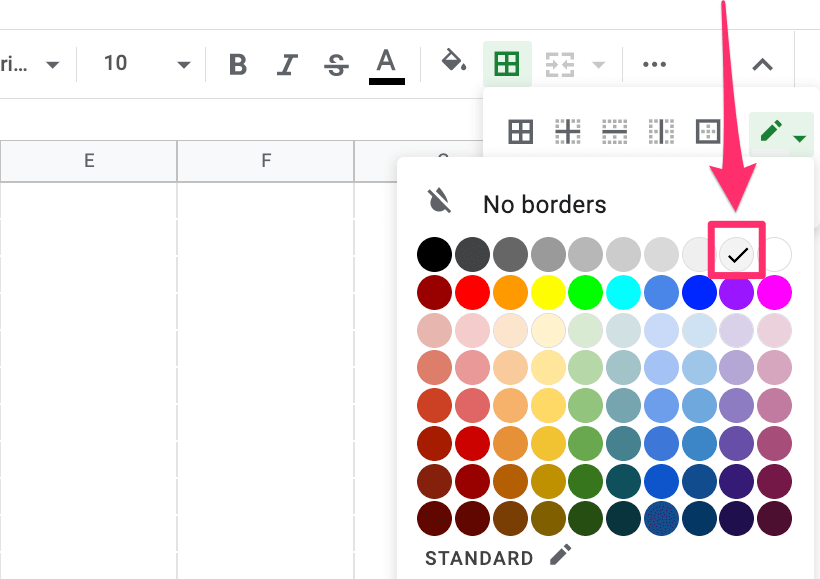 The screenshot shows how to change the color of gridlines in Google Sheets. First, you need to click on the 'Borders' icon, then on a green pencil icon on the right side of the popup box and pick the gray color from the color palette