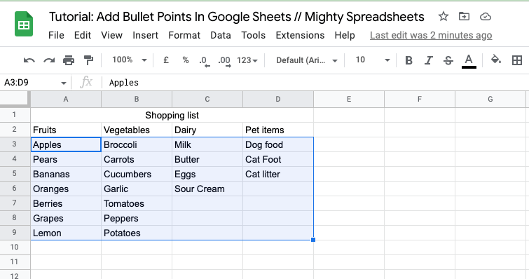 The screenshot shows selected range for which we will be inserting bullet points