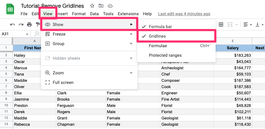 The screenshot shows how to turn off the gridlines from the Options Menu