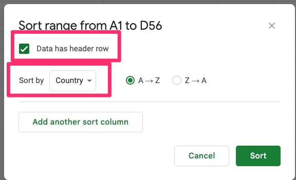 The screenshot shows advanced range sorting options popup and highlights two elements: data has a header row that has to be ticked off and sort by needs to be set to "Country"