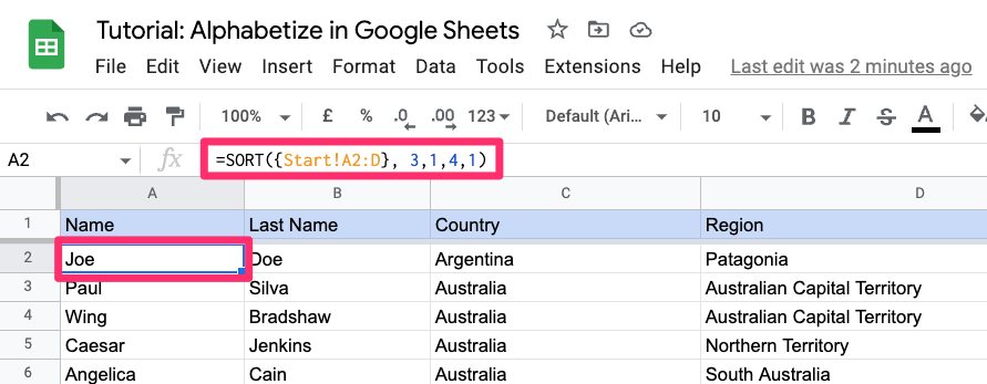 The screenshot shows where to put SORT function in our worksheet