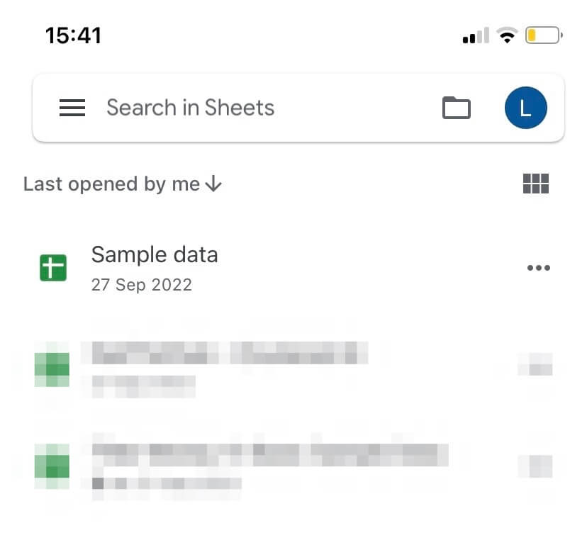 Screenshot showing a list of created spreadsheets in the app